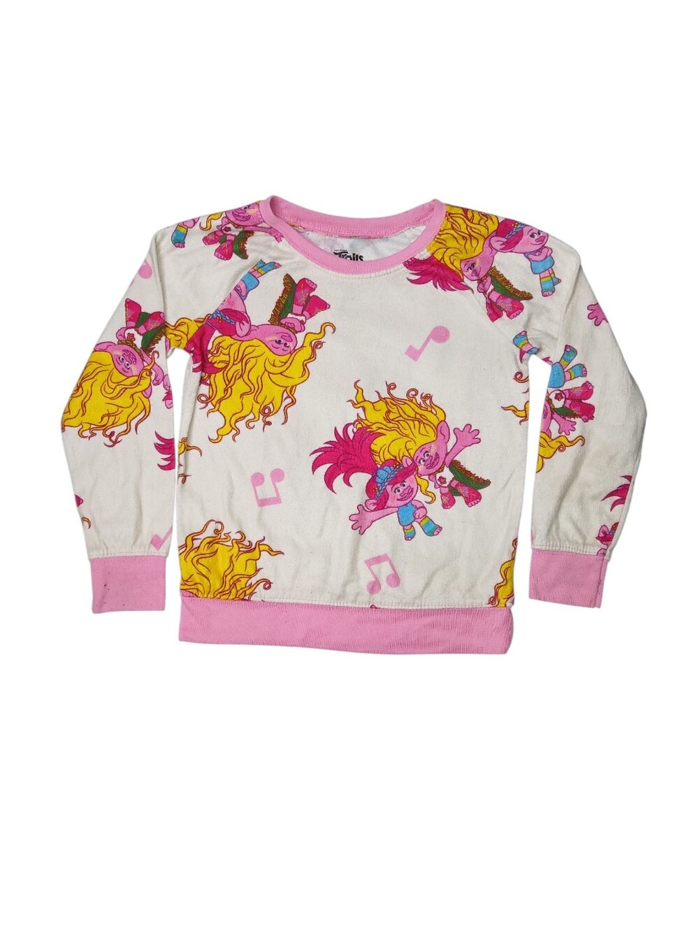 Dreamworks Girls Pink & White Trolls Long Sleeve Graphic Pajama Top